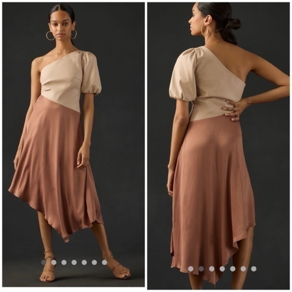💋 Anthropologie faux leather one shoulder midi dress